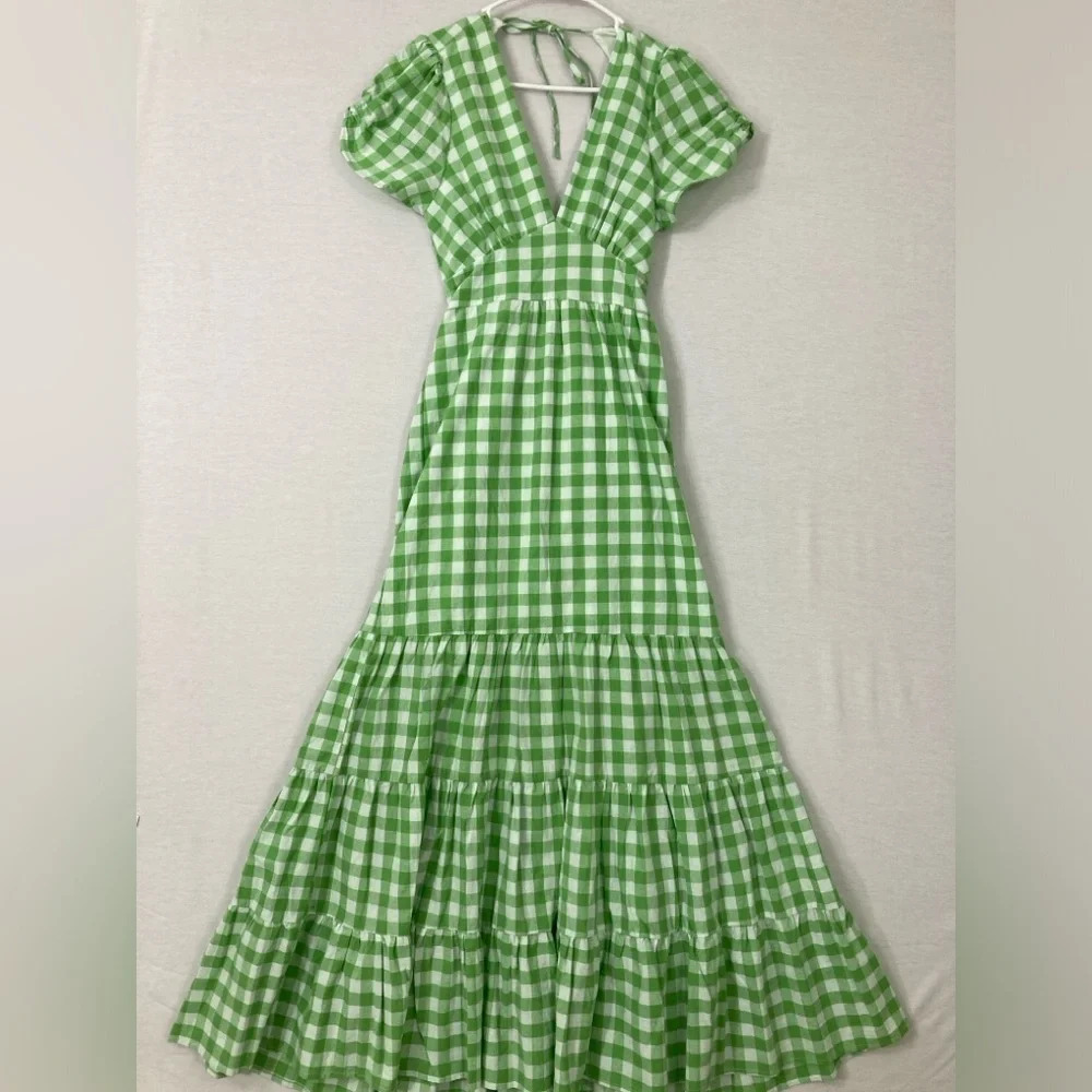 New York and Company Lena Green and White Gingham Maxi Dress